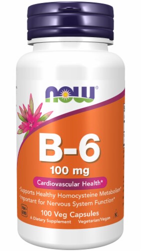 NOW® Foods B-6 Capsules 100mg Perspective: front