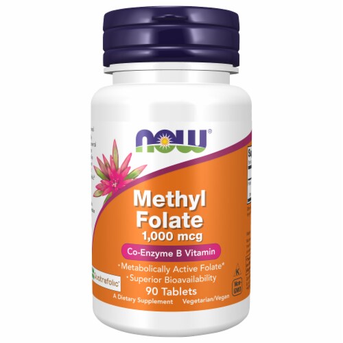 Now Methyl Folate Co-Enzyme B Vitamin Dietary Supplement Tablets 1000mcg Perspective: front