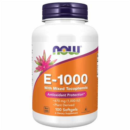 NOW Foods Natural E-1000 Dietary Supplement Softgels Perspective: front
