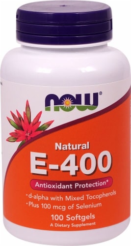 NOW Foods Natural E-400 Dietary Supplement Softgels Perspective: front