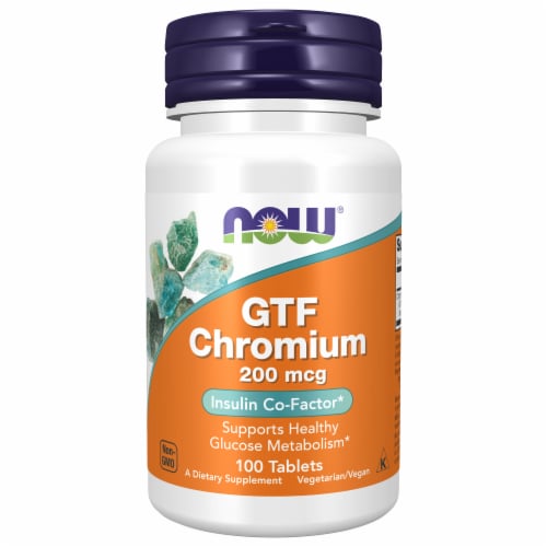 NOW Foods GTF Chromium Insulin Co-Factor Health Dietary Supplement Tablets 200mcg Perspective: front