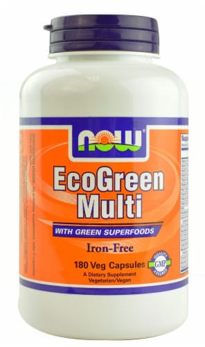 NOW Foods EcoGreen Multi Iron-Free Veg Capsules Perspective: front