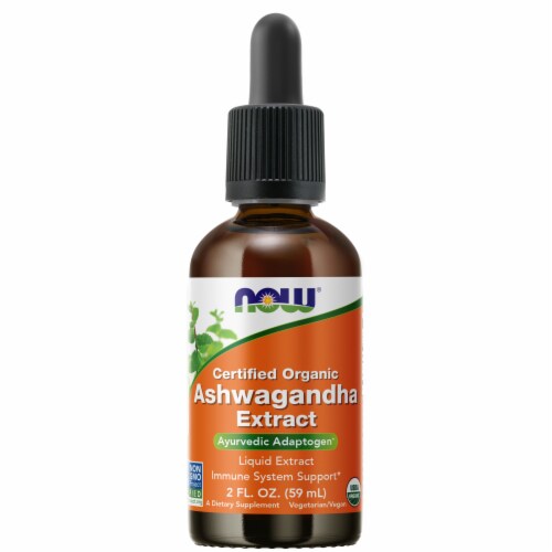 Now® Organic Ashwagandha Liquid Extract Dietary Supplement Perspective: front