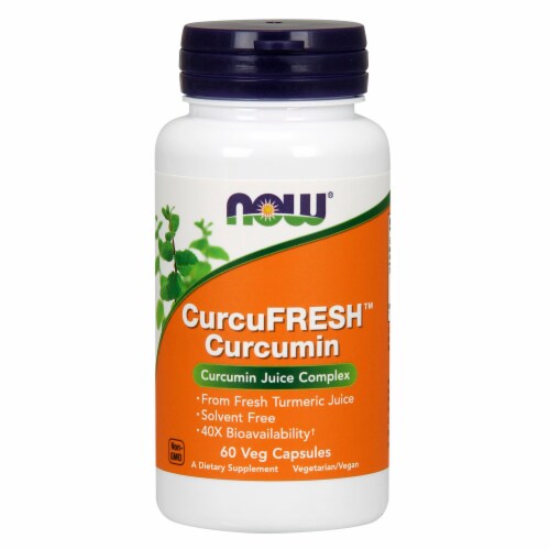 NOW Foods CurcuFRESH Curcumin Juice Complex Dietary Supplement Veg Capsules Perspective: front
