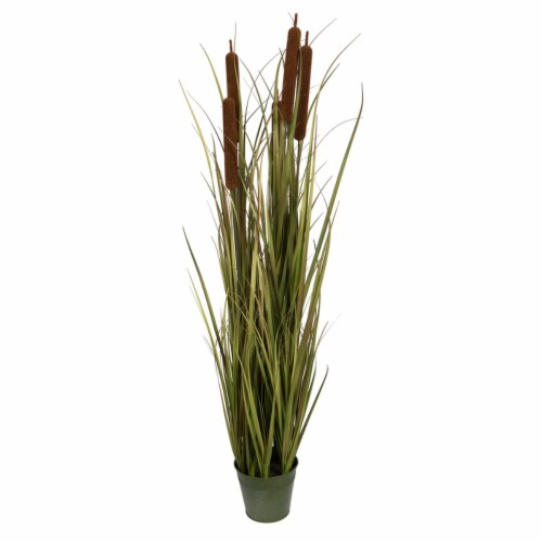 Vickerman TD190648 48 in. Artificial Potted Brown Grass in Iron Pot with Cattails, Green Perspective: front