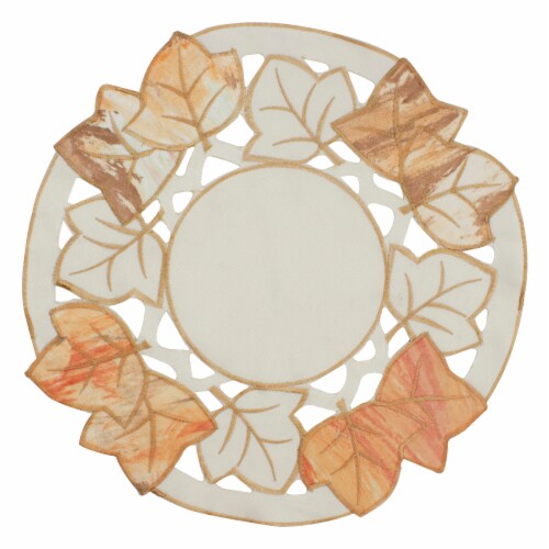 Heritage Lace 12 White and Beige Embroidered Fall Leaf Thanksgiving Doily Perspective: front