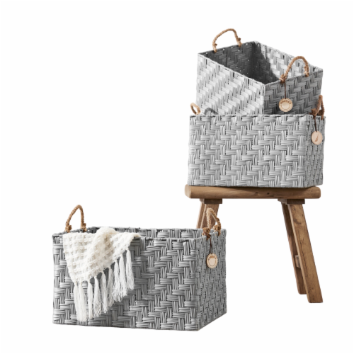 Home Outfitters S/3 Rect Herringbone Weave W/ Rope Handles, Grey Perspective: front