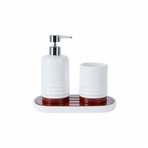 VCNY Home Ceramic Bathroom Accessory Set - White/Wood Perspective: front