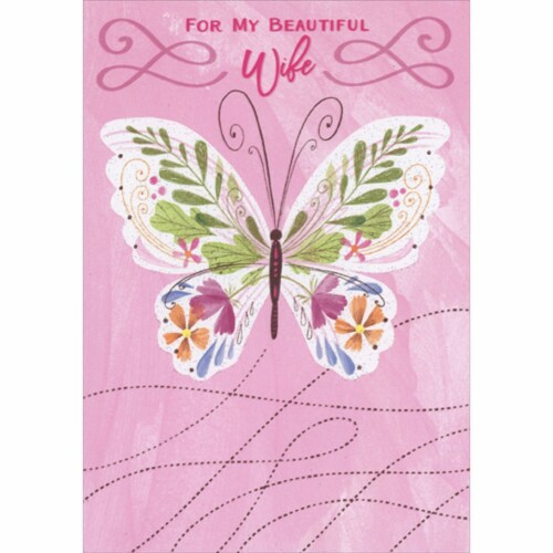 Large Butterfly Decorated with Flowers and Vines on Pink Bkgd: Wife Valentine's Day Card Perspective: front
