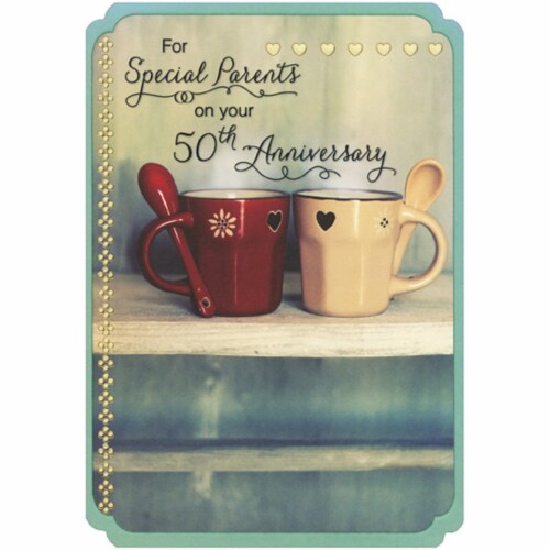 Designer greetings red and cream coffee cups with spoons 50th