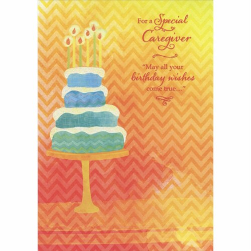 Designer greetings four tiered cake on orange chevron pattern birthday