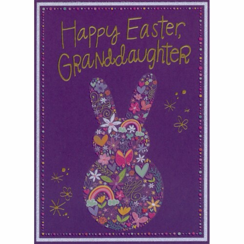 Flowers, Hearts, Butterflies: Bunny Shape on Dark Purple Granddaughter Easter Card Perspective: front