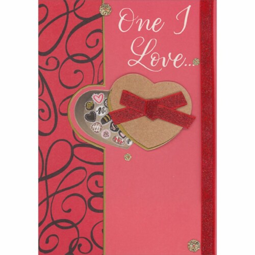 Light Brown 3D Candy Box Lid, Sparkling Red Bow, Ribbon Along Right Edge Valentine's Day Card Perspective: front