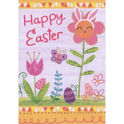 Smiley Faced Flower with Bunny Ears, Pink Tulip and Pink Butterfly: Girl Easter Card Perspective: front