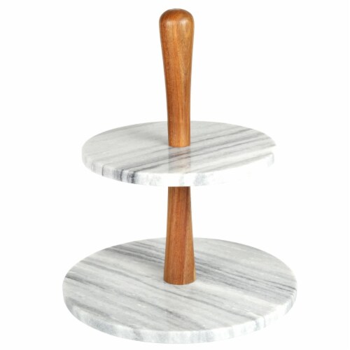 CREATIVE HOME 32981 Creative Home Natural Marble Stone and Acacia Wood 2-Tier Cake Stand Dess Perspective: front