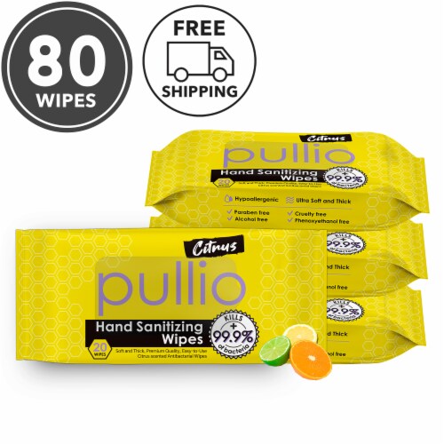 (4PK) pullio - Citrus Antibacterial Hypoallergenic Hand Sanitizer Wipes - 20ct, 80 Wipes Perspective: front