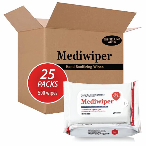 Mediwiper 500 wipes Antibacterial Alcohol-Free Hand Sanitizer Wipes - 20 Count, 25 Packs Perspective: front