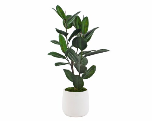 Silkcraft Medium Artificial Rubber Tree Plant in Round Pot - White Perspective: front