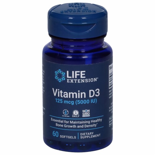 Life Extension Vitamin D3 Softgels 125mcg Perspective: front