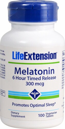 Life Extension Melatonin 6 Hour Timed Release Vegetarian Caplets 300mcg Perspective: front