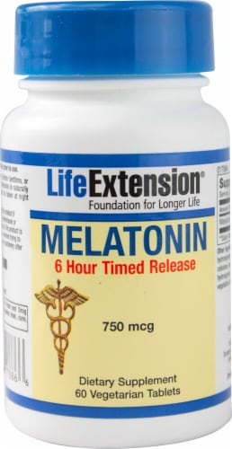 Life Extension Melatonin 6 Hour Timed Release Caplets 750mcg Perspective: front