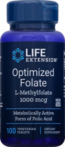 Life Extension Optimized Folate L-Methylfolate Vegetarian Tablets 1000 mcg Perspective: front