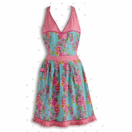 Design Imports 26994 Blue Floral And Pink Polka Dot Apron Perspective: front