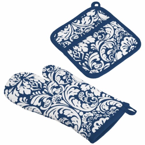Design Imports CAMZ33936 Nautical Blue Damask Oven Mitt & Potholder Set Perspective: front