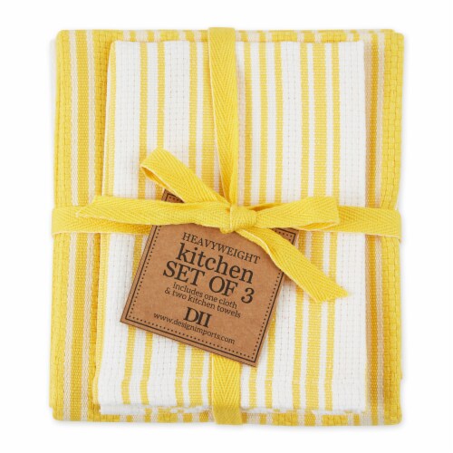 Design Imports Classic Stripe Heavyweight Kitchen Towel Set - Yarrow Yellow Perspective: front