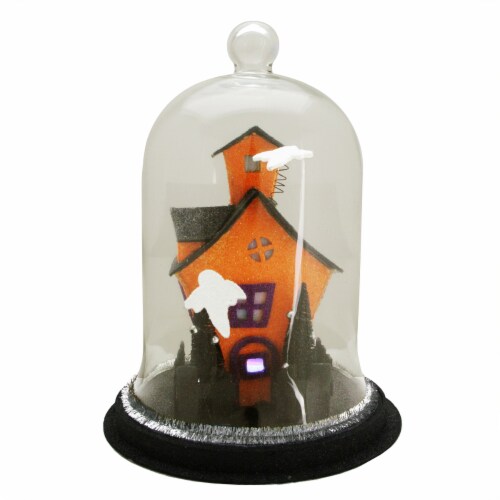 Midwest 9.75 Clear and Black LED Spooky House with Ghosts on the Roof Halloween Cloche Perspective: front