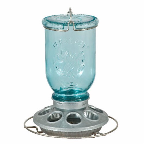 Antique Wide Blue Glass Seed Feeder Perspective: front