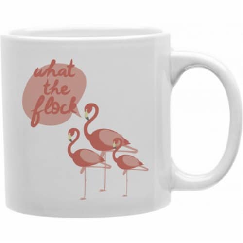 The Flock Flamingos Ceramic Coffee Mug Perspective: front