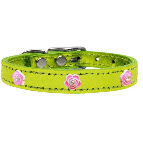 Bright Pink Rose Widget Genuine Metallic Leather Dog Collar, Lime Green - Size 12 Perspective: front