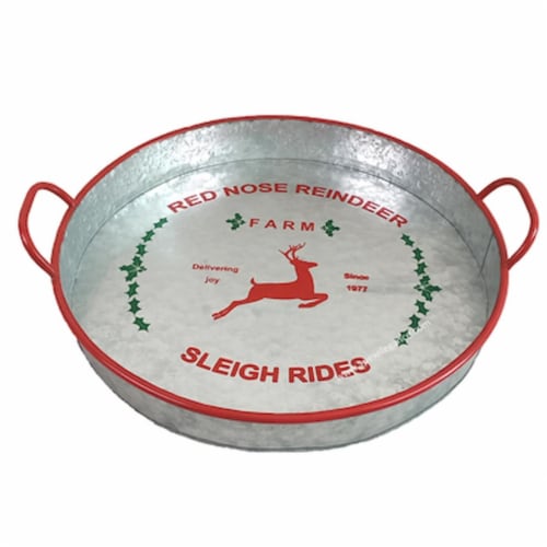 MDR Trading AP-CTF700RS Round Galvanized Metal with Red Trim & Handles & Reindeer Theme Tray Perspective: front