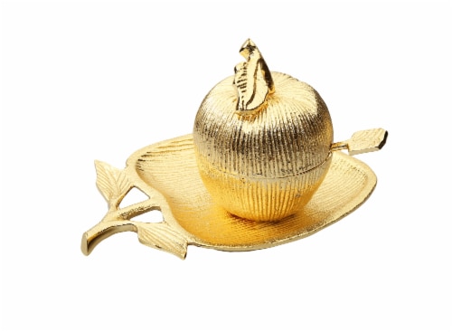 Gold Apple Shaped Dish with Removable Honey Jar Perspective: front