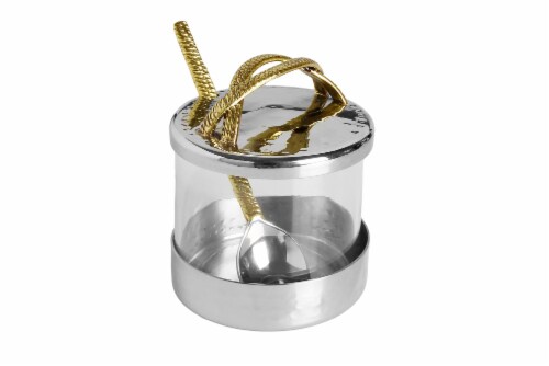 Glass Honey Dish with Stainless Steel Lid and Gold Embossed Handle Perspective: front