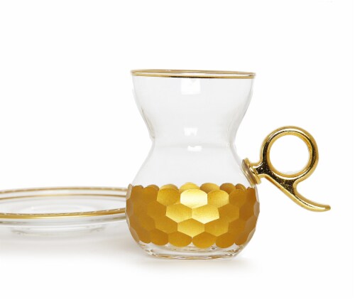 Set of 6 Tea Glasses with Handle and Saucers with Gold Hammered Design Perspective: front