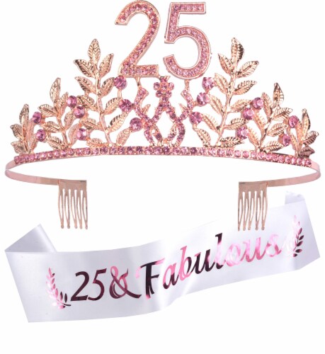DORADREAMDEKO 25th Birthday Sash Tiara Set Glitter Sash Leafs