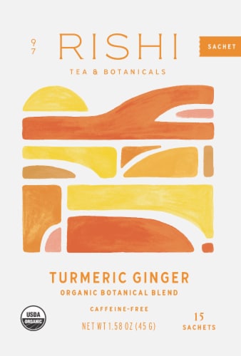 Rishi Tea Turmeric Ginger Organic Botanical Blend Tea Sachets Perspective: front