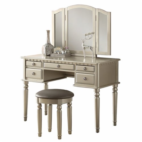 Poundex Furniture Wood Vanity Set with Mirror and Stool Silver Color Perspective: front