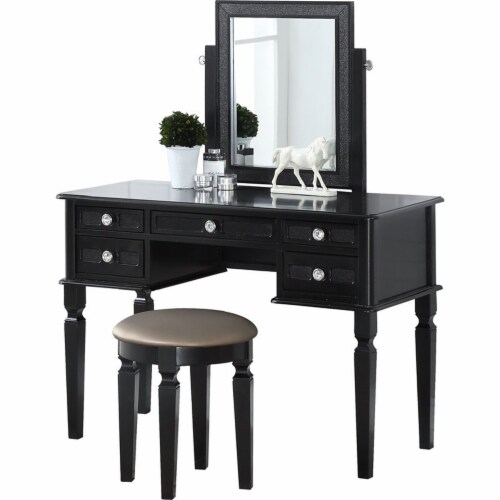 Poundex Wood Vanity Set with Stool and Mirror in Galaxy Black Perspective: front