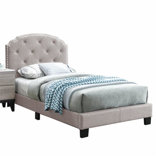 Poundex Twin Burlap Fabric Upholstered Bed Frame with Slats in Light Brown 1 Foods Co