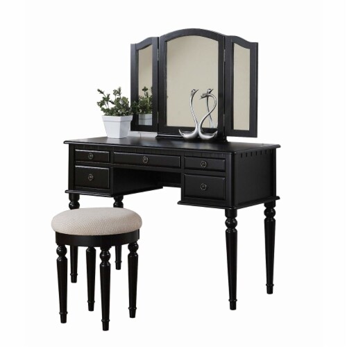 Poundex Furniture Wood Vanity Set with Mirror and Stool in Black