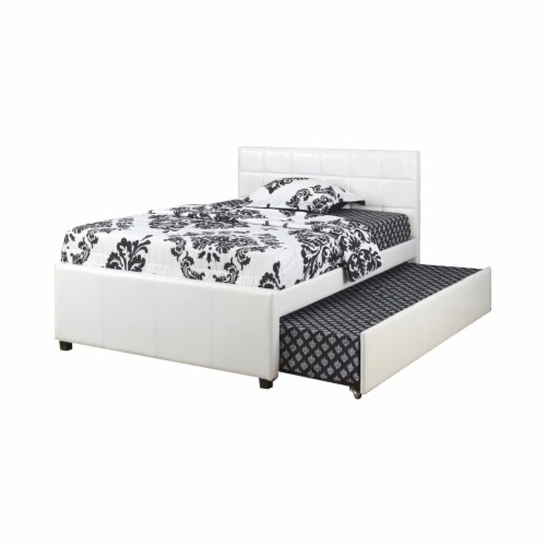 Multi utility Twin Bed With Trundle Squ Tufted Head Boards White- Saltoro Sherpi Perspective: front