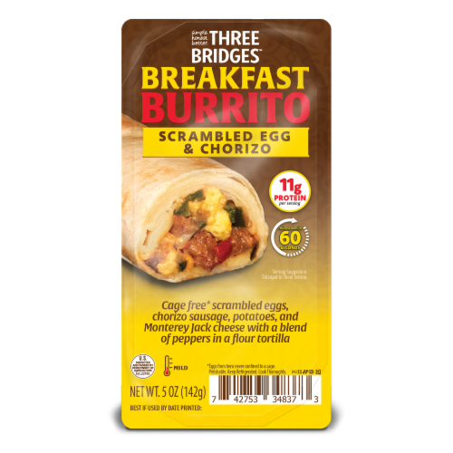 Three Bridges Scrambled Egg & Chorizo Breakfast Burrito Perspective: front