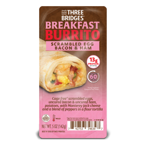 Three Bridges Egg Bacon & Ham Breakfast Burrito Perspective: front