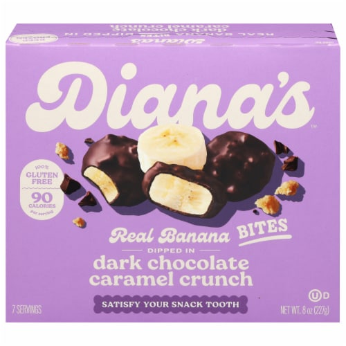 Diana's 100% Gluten Free Dark Chocolate Caramel Crunch Frozen Fresh Fruit Bananas Bites Perspective: front