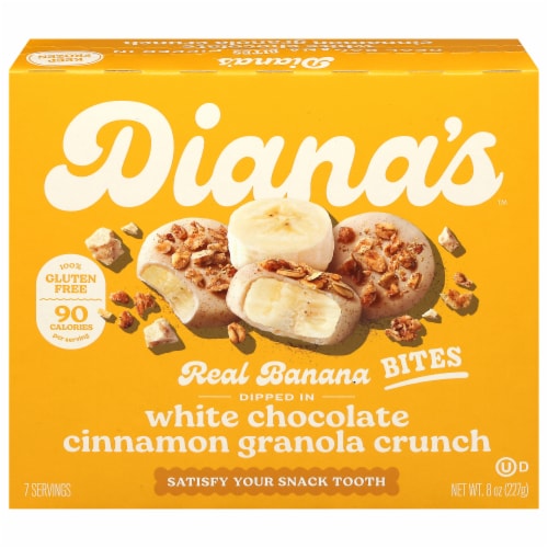 Diana's 100% Gluten Free White Chocolate Cinnamon Granola Crunch Frozen Fresh Fruit Banana Bites Perspective: front