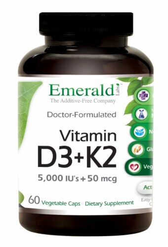 Emerald Lab Vitamin D3 + K2 5000 IU 50 mg Vegetable Capsules Perspective: front
