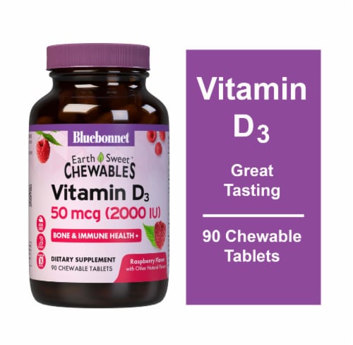 Bluebonnet® Earth Sweet® Chewables Vitamin D3 - Rasberry Flavor 50 mcg Perspective: front